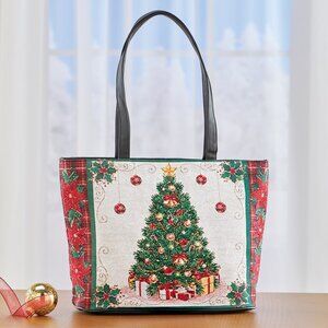 New Holiday Christmas Tree Tapestry Style Handbag With Poinsettia Patterns